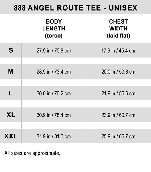 888 Angel Route WILLOW SOUL T-Shirt Size Guide