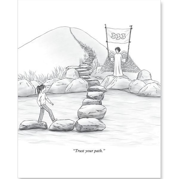 333: An angel appears on a stone path and holds a 333 sign to reveal the spiritual meaning of 333.