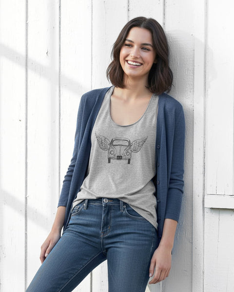 Woman wearing a heather gray tank top with a vintage car graphic featuring wings and an 11:11 license plate, shown from the front.