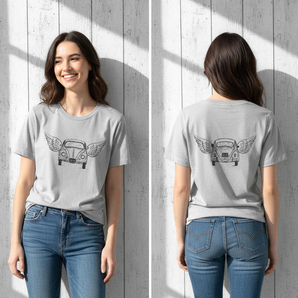 Woman wearing a gray T‑shirt with a vintage car graphic featuring wings and an 11:11 license plate, shown from the front and back.